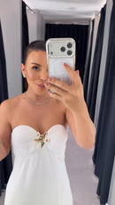 Vestido tomara que caia longo com aplicação