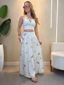 Conjunto Croped Saia Linho Bordado