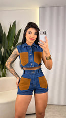 Conjunto Jeans Escuro com Bolsos em Camurça - Louise