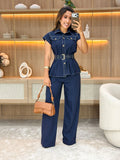Conjunto alfaiataria detalhe pesponto com cinto